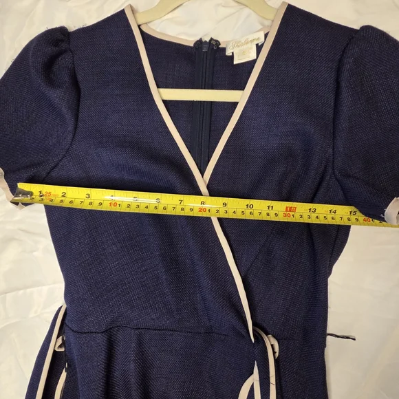 Fabulous Navy Wrap Dress with Cream Piping High Low - Picture 9 of 11